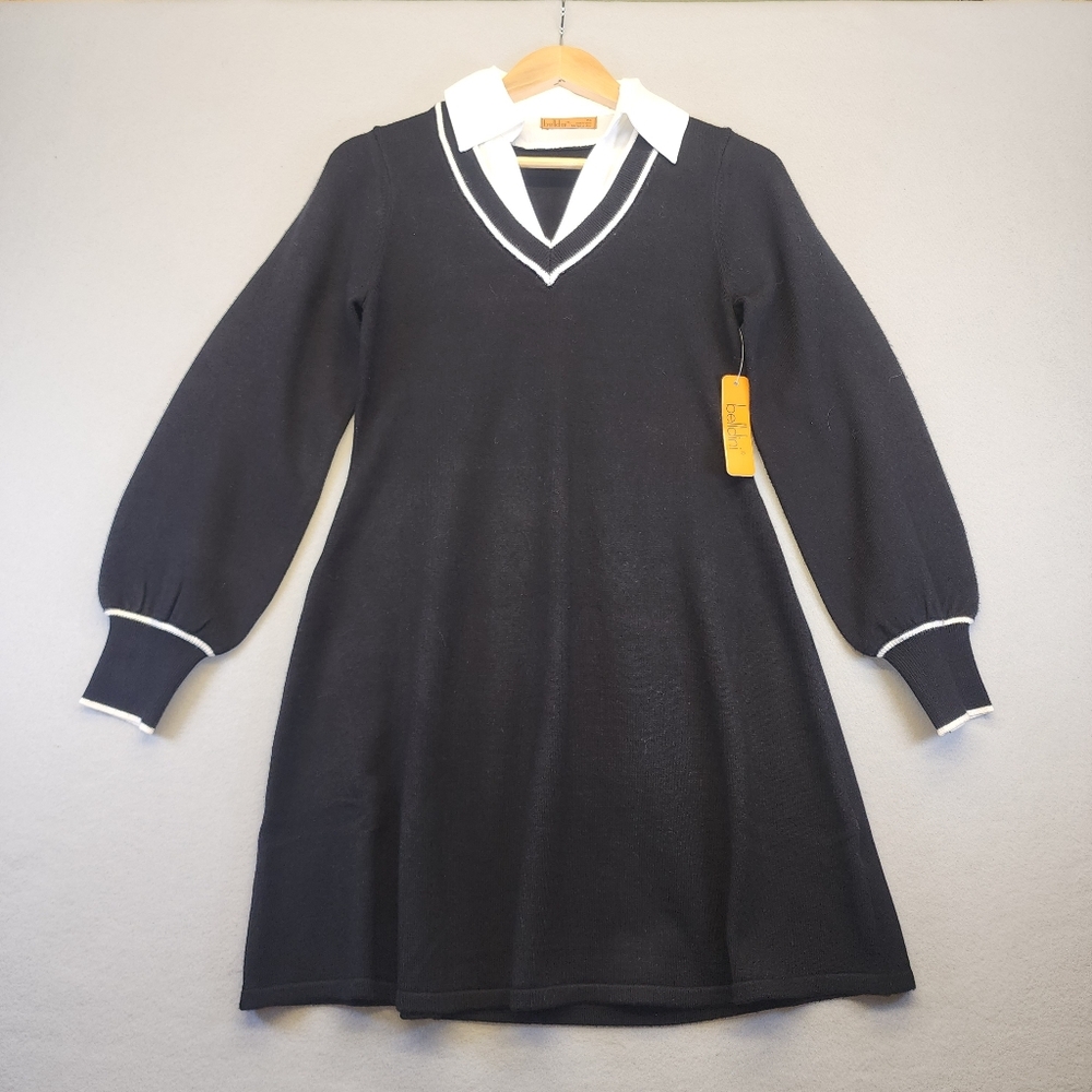 Belldini NWT Knit Mini Dress PS Black White‎ Collar Dark Academia Quiet Luxury S